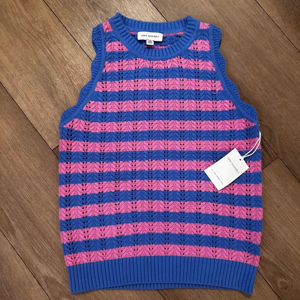 Free Assembly Racer Sweater Tank Blue Pink Striped Pointelle Knit Medium M 8-10